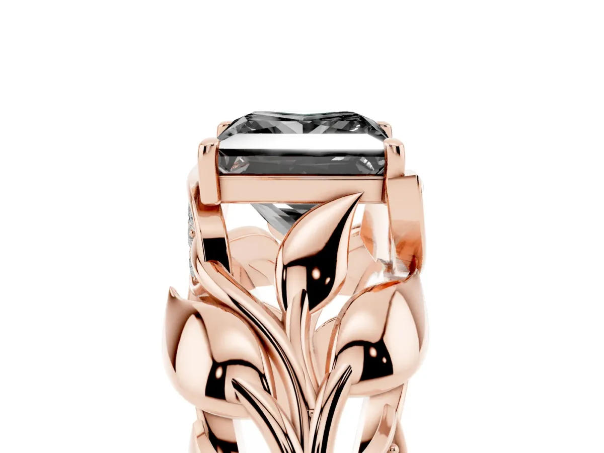 Fancy Black Princess Cut Diamond Leaf-Inspired Engagement Ring with Round Accents and Prong Setting Rose gold