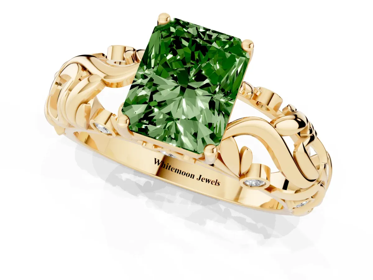 Fancy Green Radiant Cut Solitaire Diamond Leaf-Inspired Vine Band Ring with Prong Setting Yellow gold