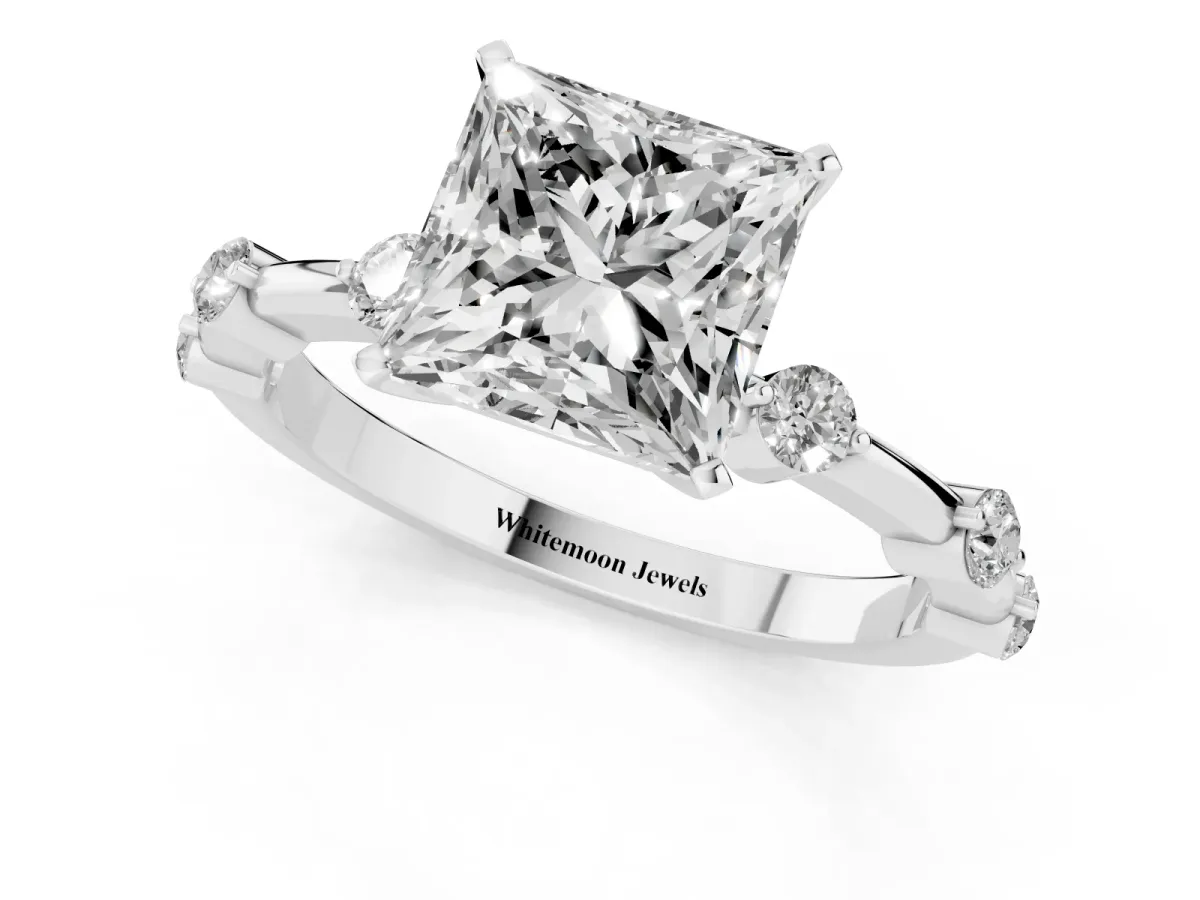 Princess Cut Solitaire Diamond Ring with Bezel Set Side Stones and Prong Setting Silver