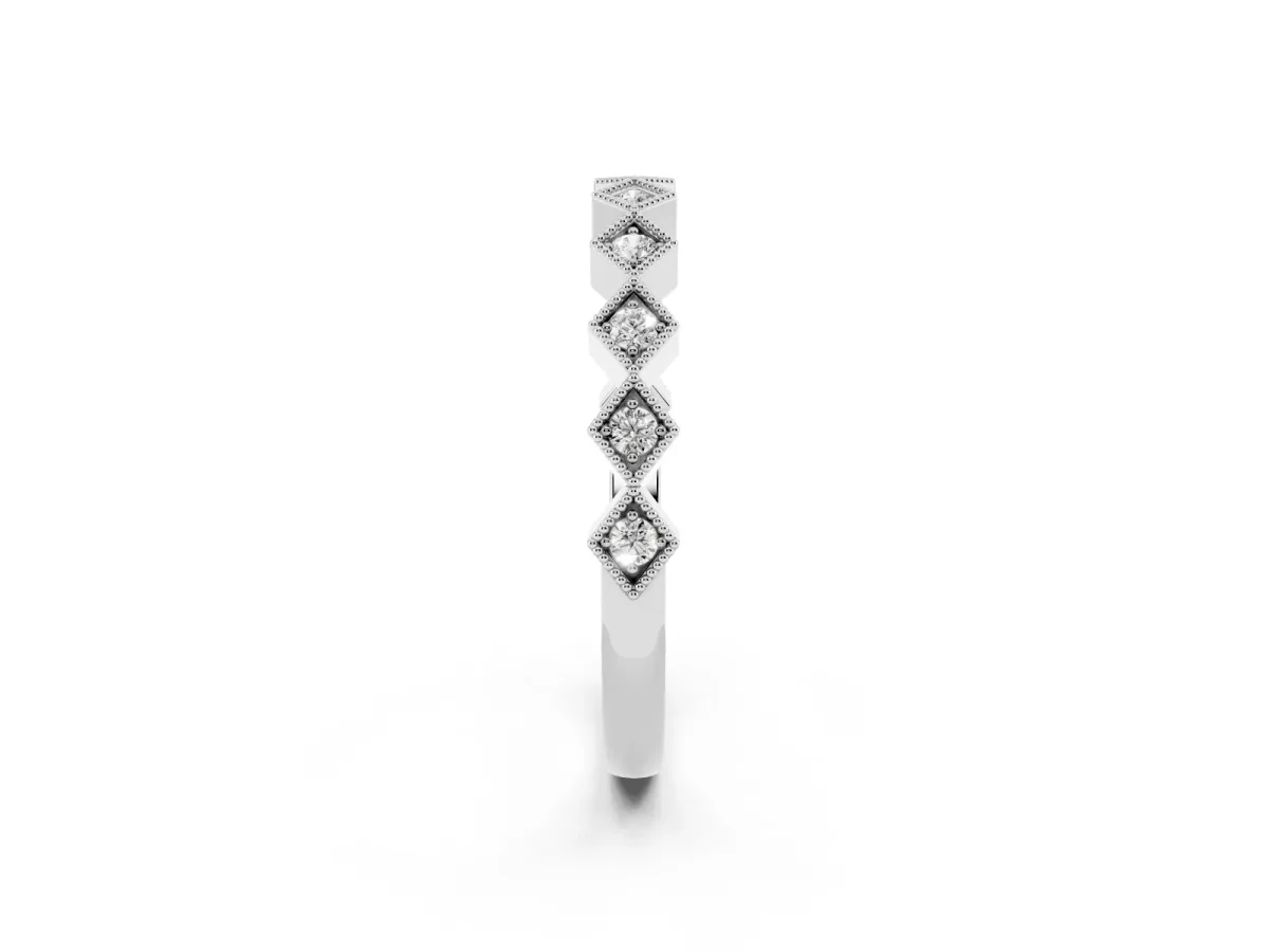 Milgrain Diamond Geometric Stackable Band with Round Cut Stones and Bezel Setting Silver