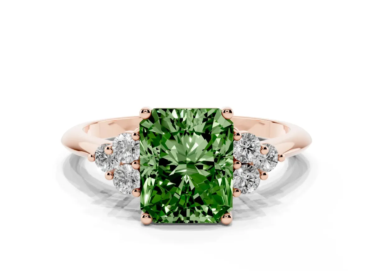 Fancy Green Radiant Cut Cut Diamond Cluster Ring with Solitaire Band and Four-Prong Setting Rose gold