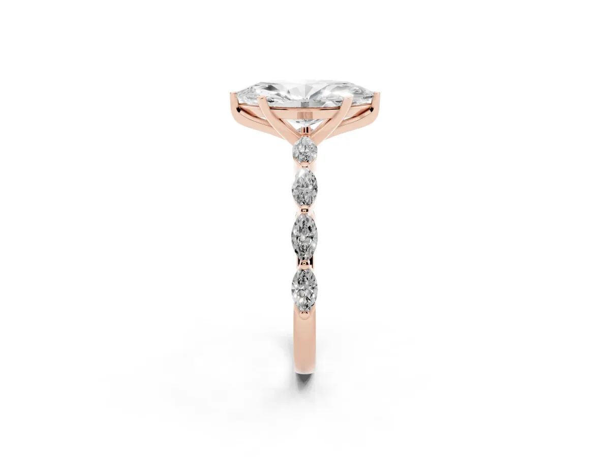 Marquise Cut Diamond Ring with Marquise Side Stones and Prong Setting Rose gold