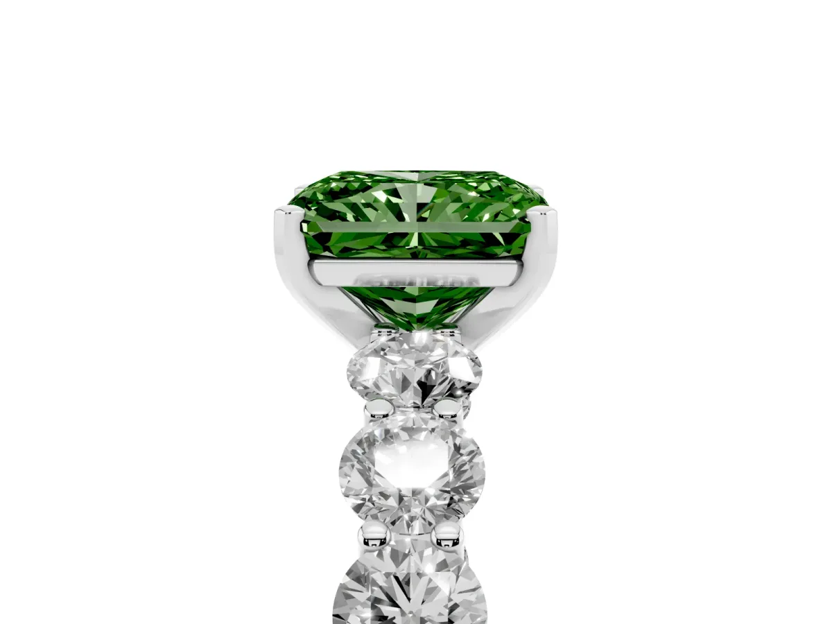 Fancy Green Radiant Cut Diamond Prong Setting with Side Stones on a Pave Band Platinum