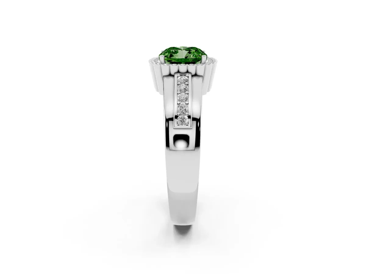 Fancy Green Cushion Cut Cut Halo Pave Band Four-Prong Ring Silver