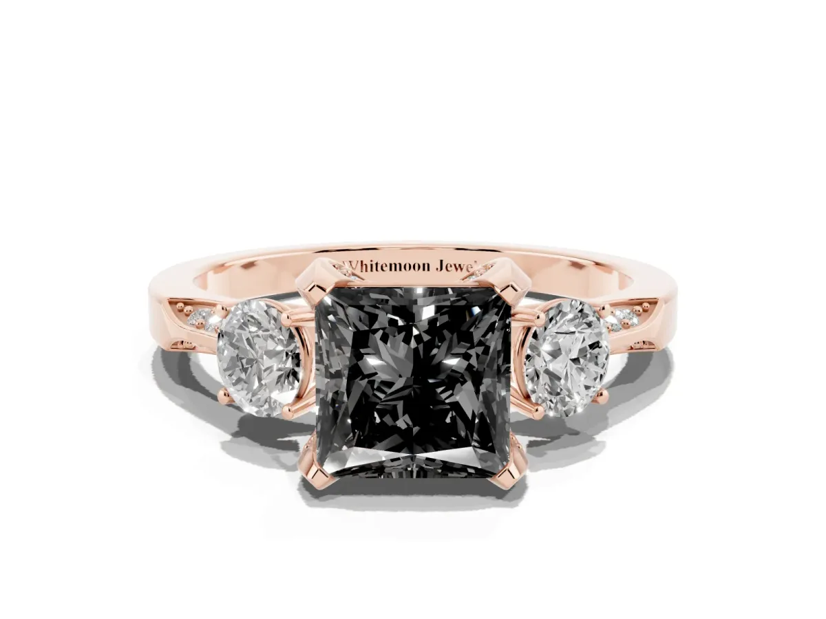 Fancy Black Princess Cut Brilliant Three-Stone Diamond Ring with Pavé Band and Four-Prong Setting Rose gold