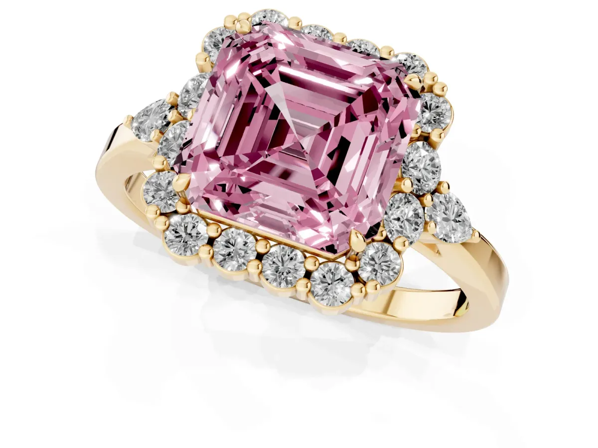 Fancy Pink Asscher Cut Diamond Halo Ring with Pear Side Stones and Prong Setting Yellow gold