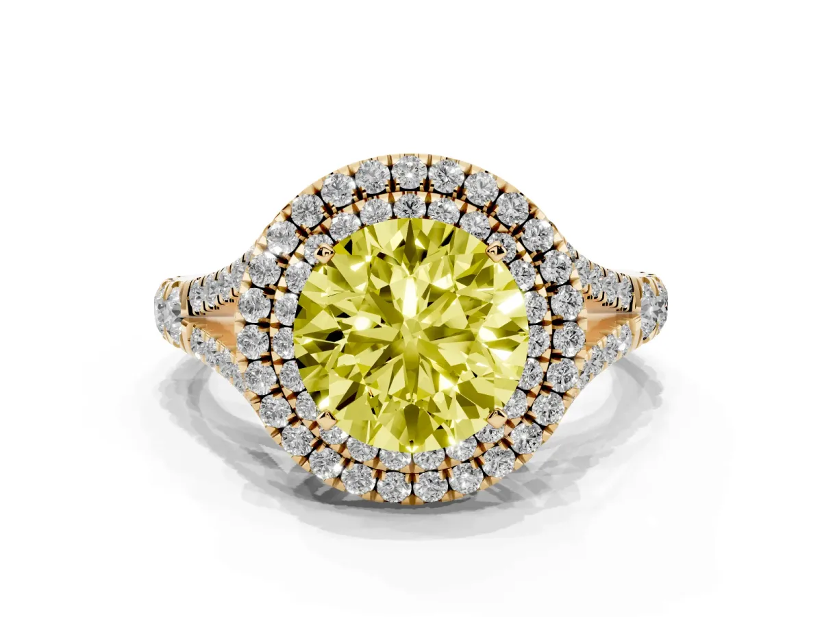 Fancy Yellow Round Cut Diamond Double Halo Ring with Split Shank and Prong Setting Yellow gold
