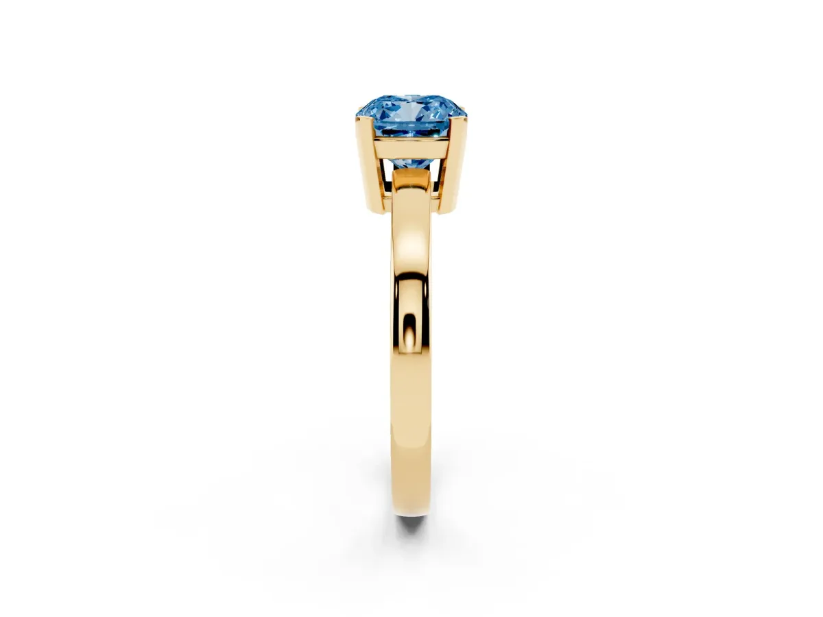 Fancy Blue Cushion Cut Cut Solitaire Ring with Four-Prong Setting and Classic Band Yellow gold