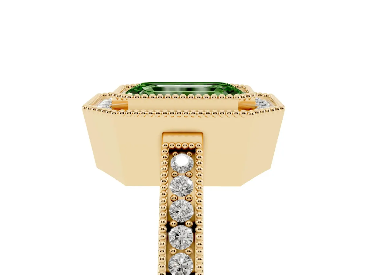 Fancy Green Emerald Cut Cut Halo Diamond Ring with Pavé Band and Milgrain Prong Setting Yellow gold