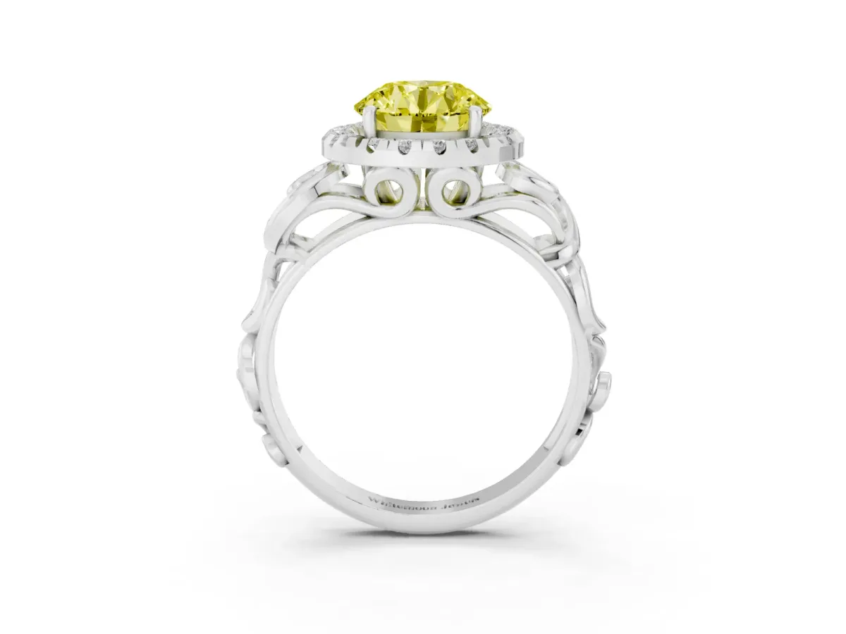 Fancy Yellow Round Cut Cut Halo Diamond Ring with Scrollwork Band and Four-Prong Setting Silver