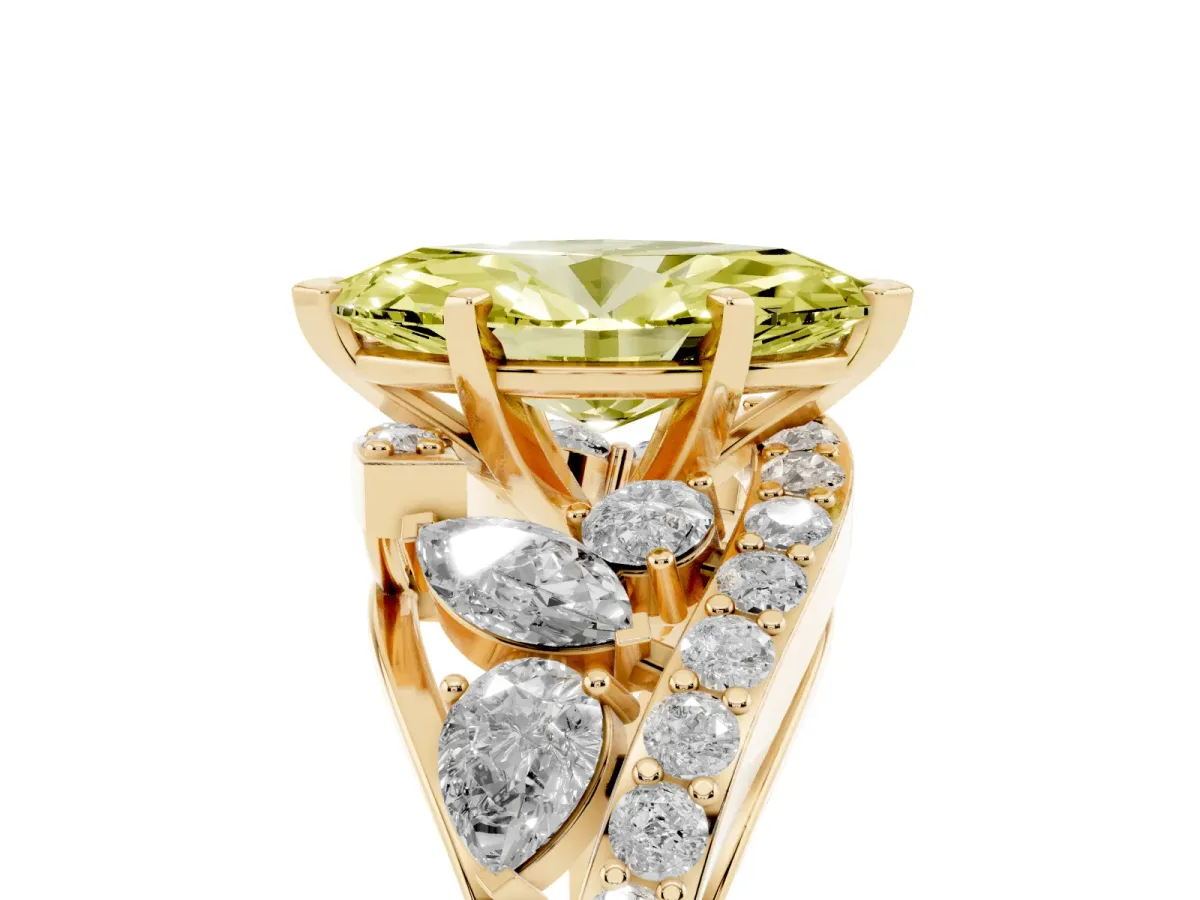 Fancy Yellow Marquise Cut Diamond Halo Ring with Marquise and Pavé Band in Prong Setting Yellow gold