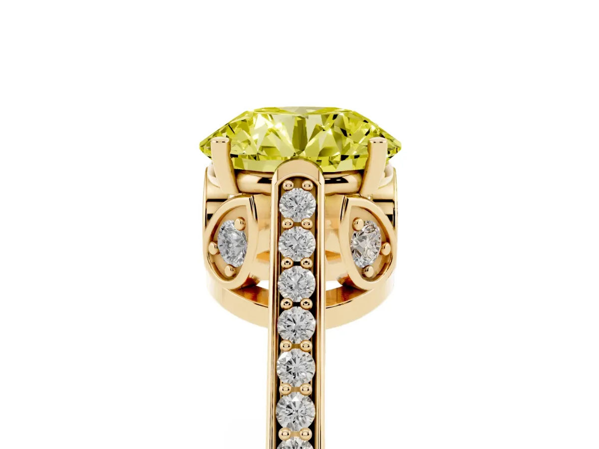 Fancy Yellow Round Cut Cut Cathedral Pave Diamond Engagement Ring with Six-Prong Setting Yellow gold