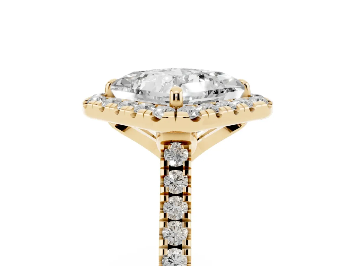 Princess Cut Diamond Cushion Halo Ring with Pavé Band Yellow gold