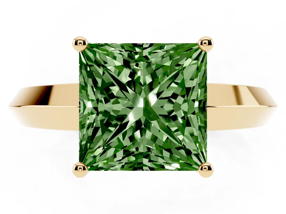 Fancy Green Princess Cut Cut Solitaire Engagement Ring with Flat Band and Four-Prong Setting Yellow gold