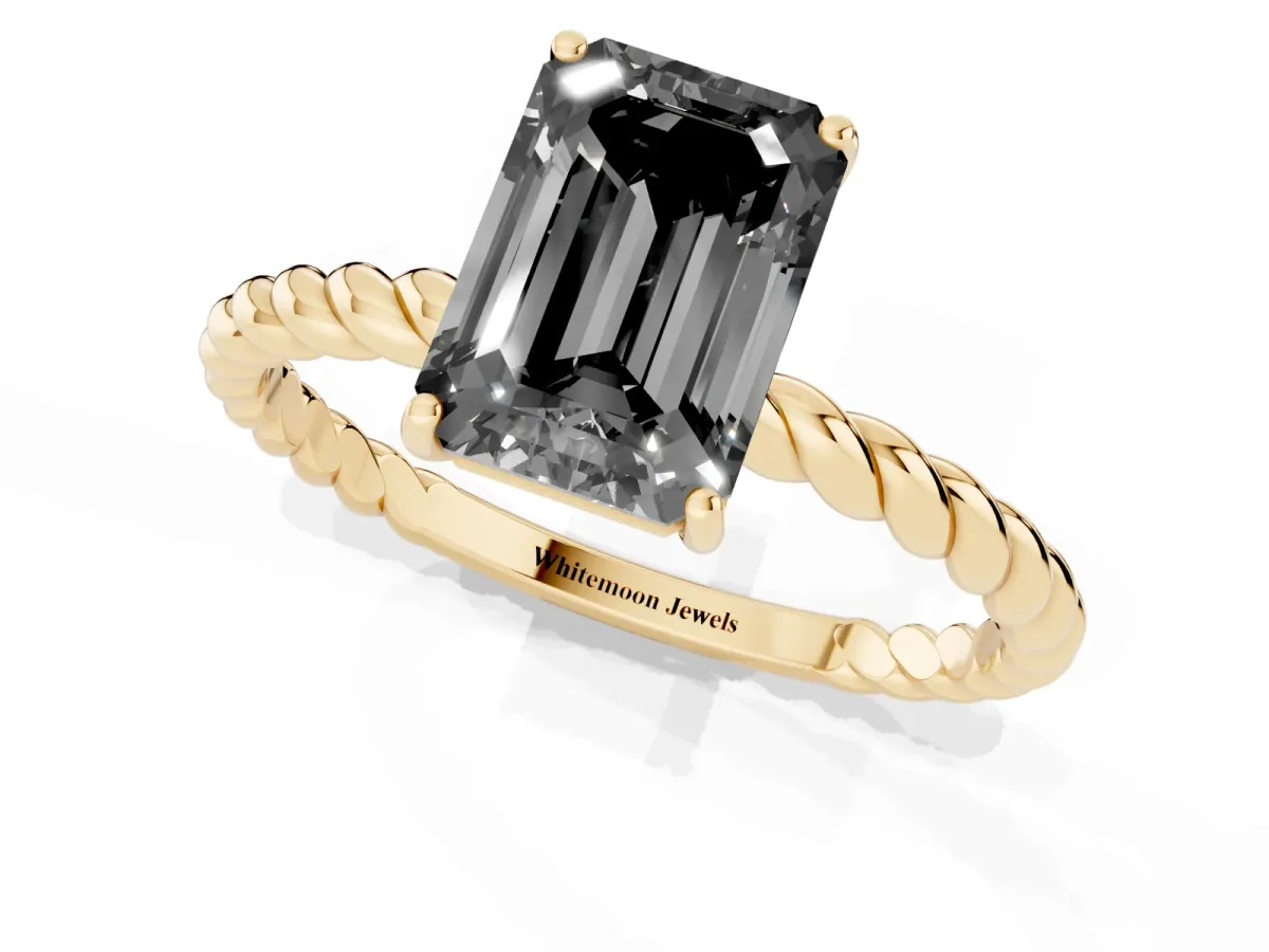 Fancy Black Emerald Cut Solitaire Twisted Band 4-Prong Ring Yellow gold