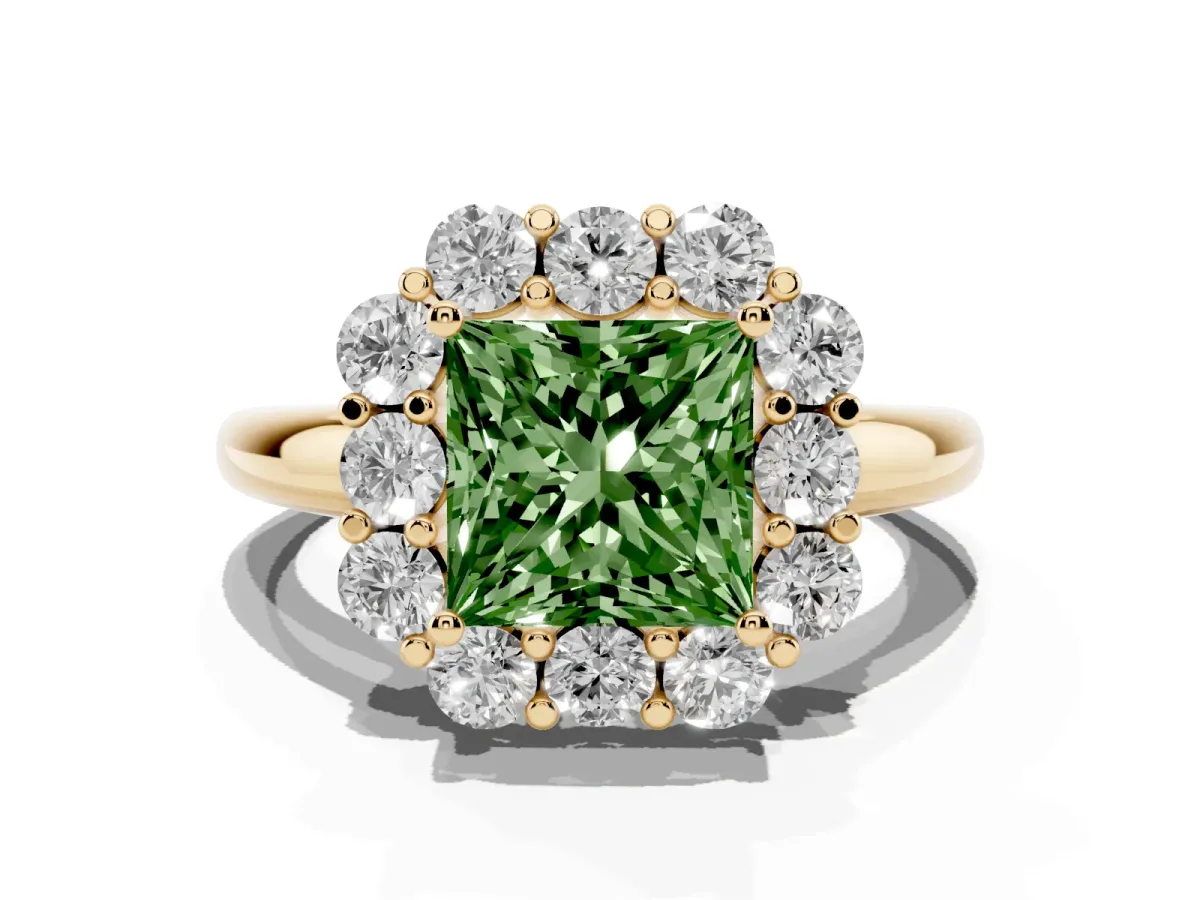 Fancy Green Princess Cut Halo Milgrain Solitaire with Bezel Set Side Stones and Pave Band Yellow gold