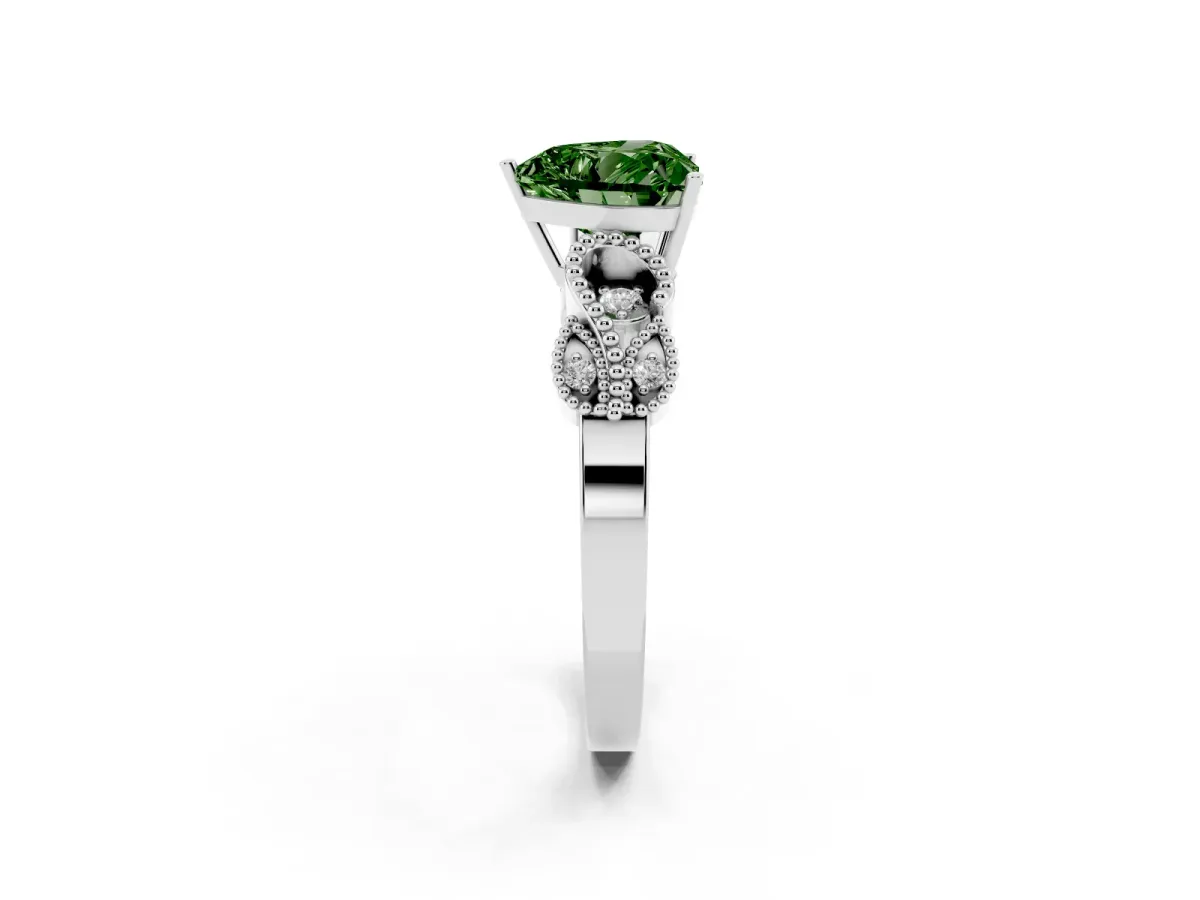Fancy Green Heart Cut Solitaire Milgrain Leaf Band with Prong Setting Silver