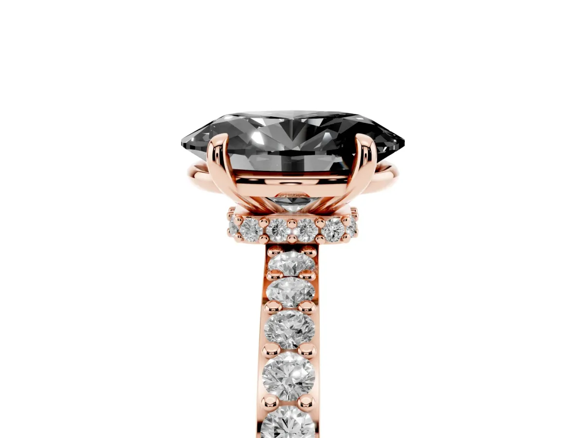 Fancy Black Oval Cut Diamond Pavé Engagement Ring with Round Accents and Prong Setting Rose gold