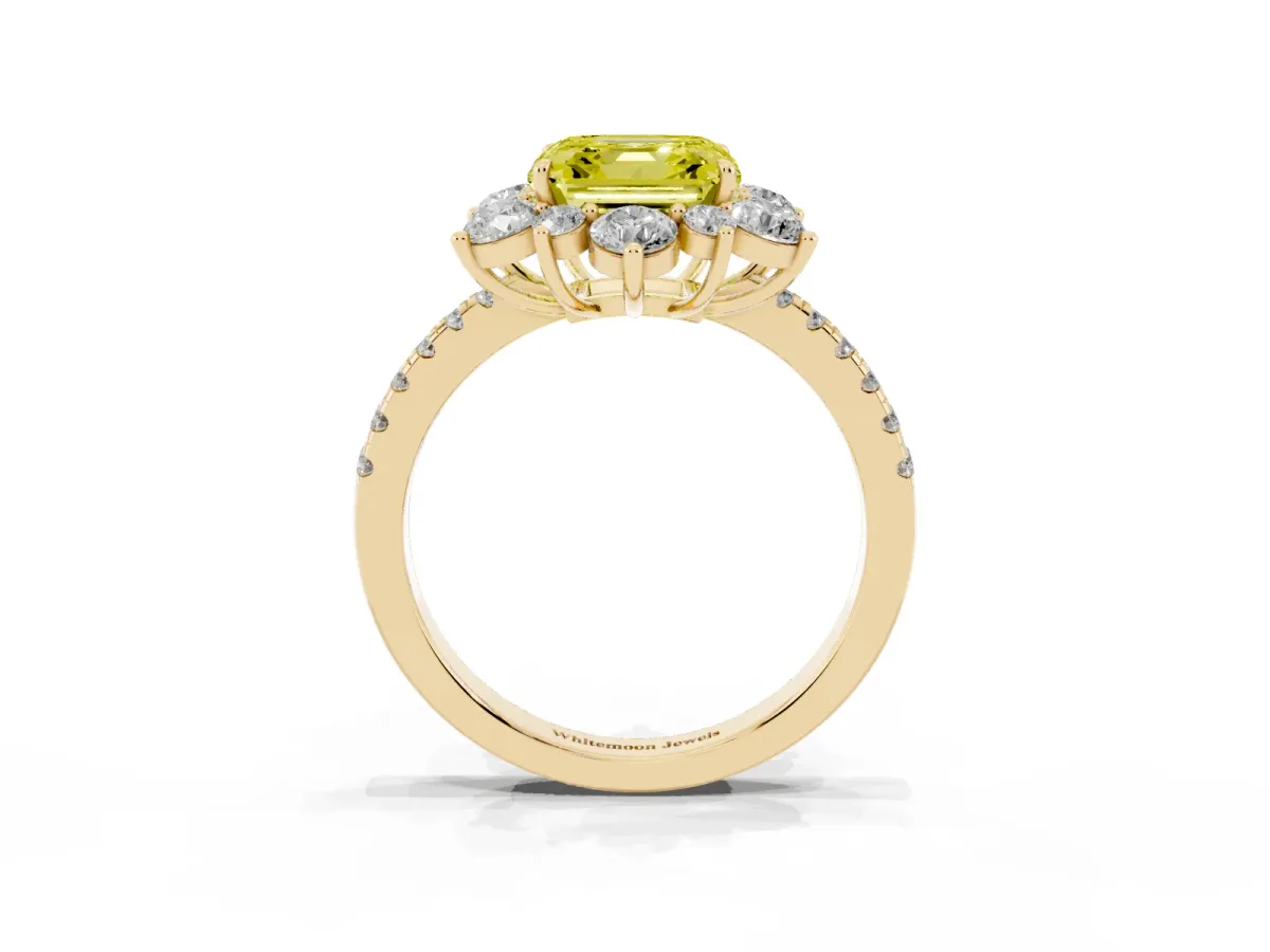 Fancy Yellow Asscher Cut Diamond Floral Halo Ring with Round Pavé Band and Prong Setting Yellow gold