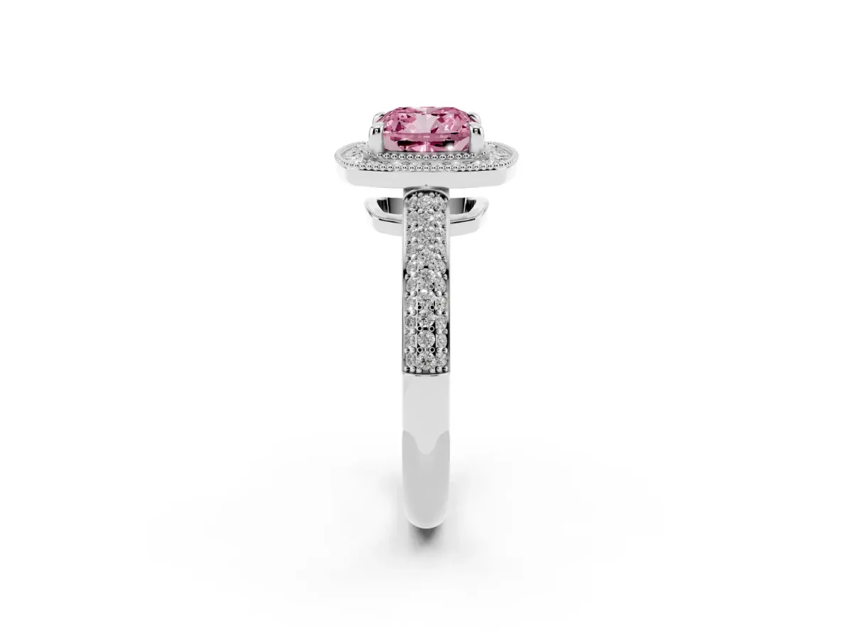 Fancy Pink Cushion Cut Cut Halo Diamond Pave Band with Four-Prong Setting Silver