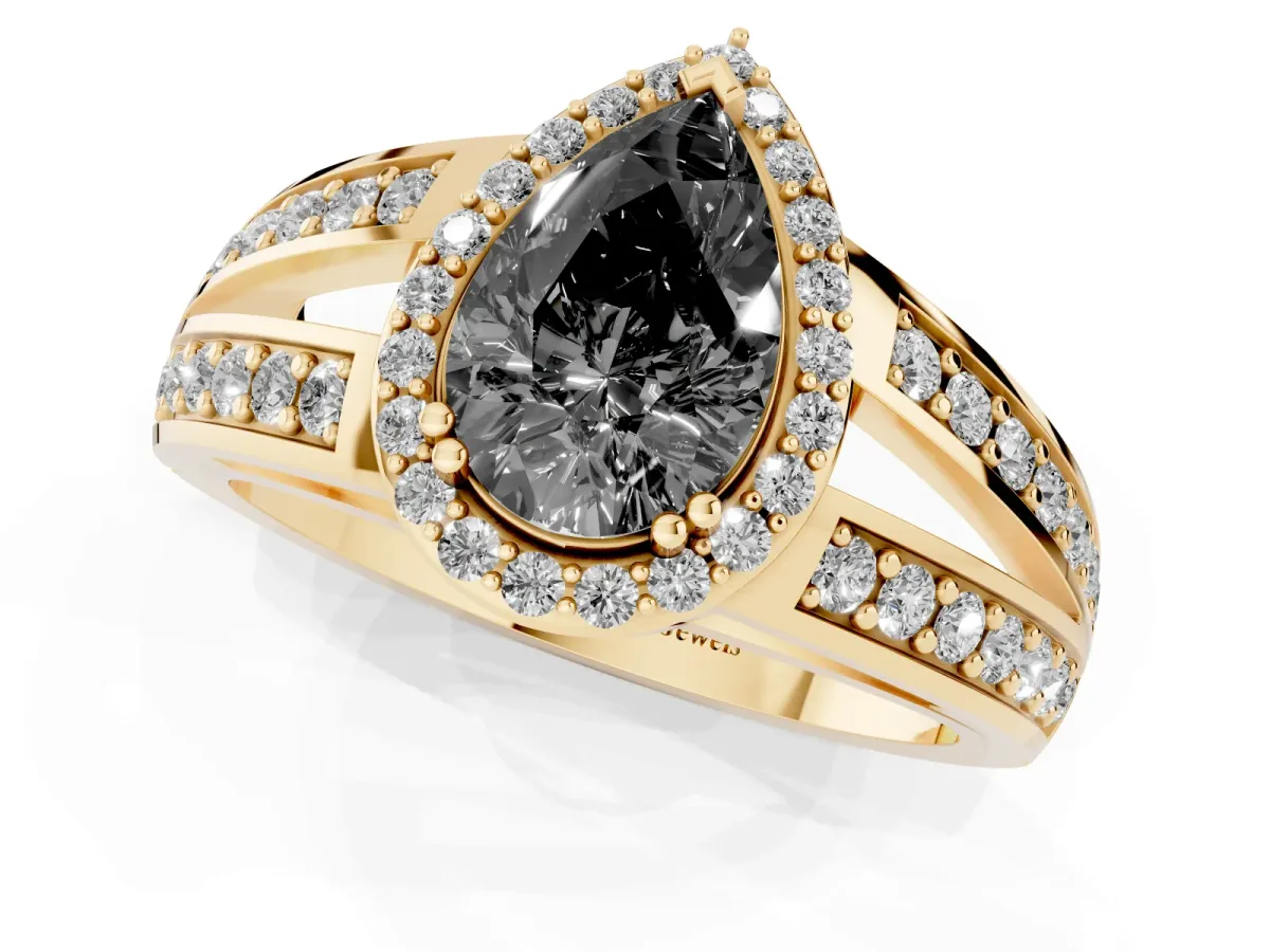 Fancy Black Pear Cut Diamond Halo Ring with Split Shank Pavé Band and Four-Prong Setting Yellow gold