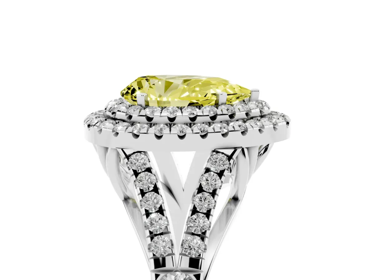 Fancy Yellow Double Halo Pear Cut Diamond Split Shank Engagement Ring with Four-Prong Setting Silver