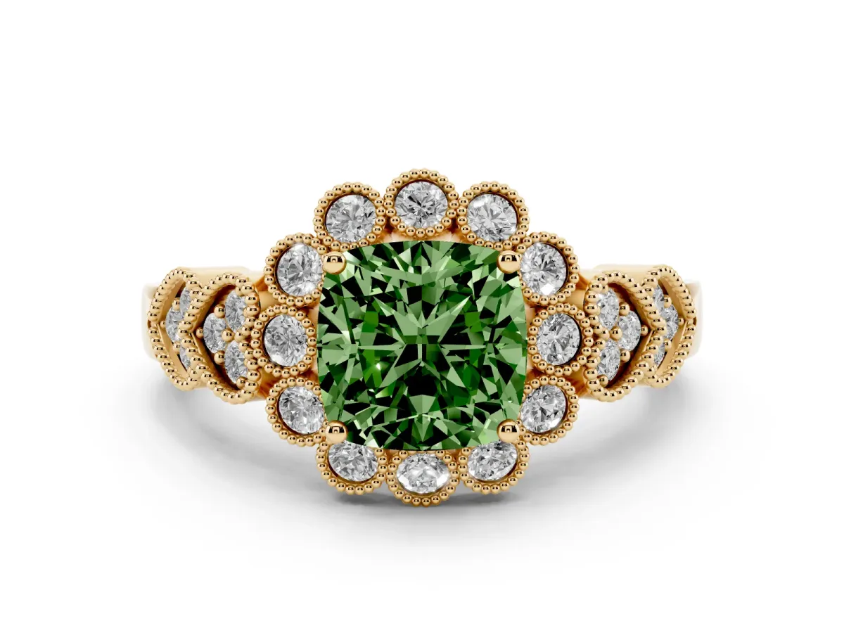 Fancy Green Cushion Cut Brilliant Milgrain Pave Heart Band Solitaire Ring Yellow gold