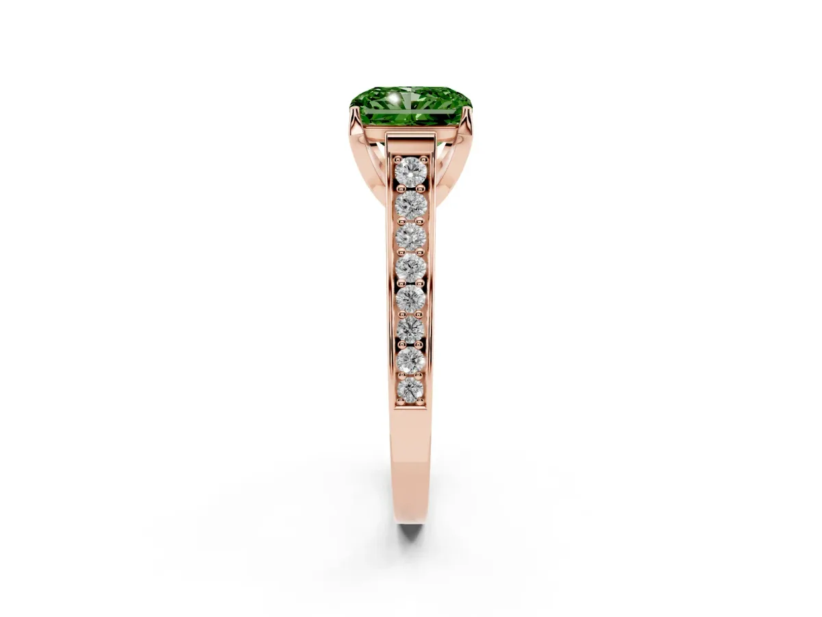 Fancy Green Radiant Cut Brilliant Cut Diamond Engagement Ring with Pavé Band and Four-Prong Setting Rose gold