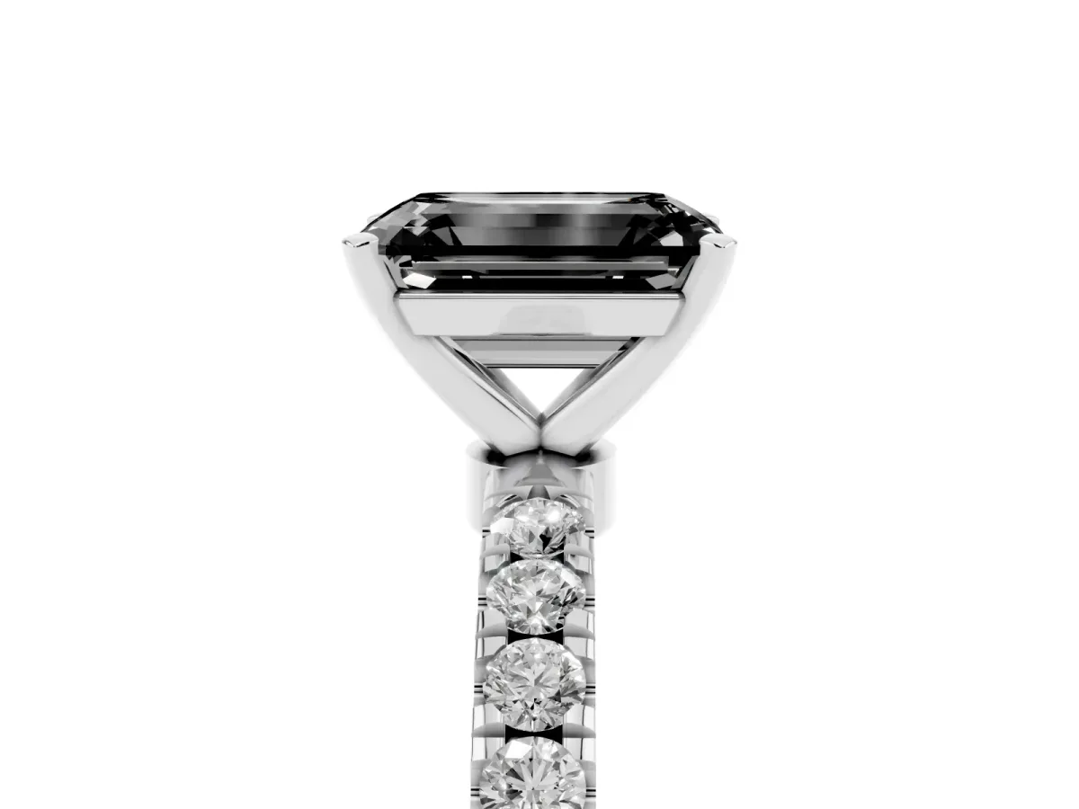 Fancy Black Emerald Cut Diamond Solitaire Ring with Pavé Accents and Four-Prong Setting Silver