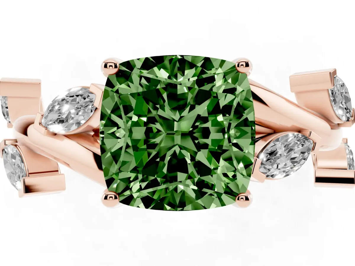 Fancy Green Cushion Cut Solitaire Twisted Band Marquise Accent Prong Setting Ring Rose gold