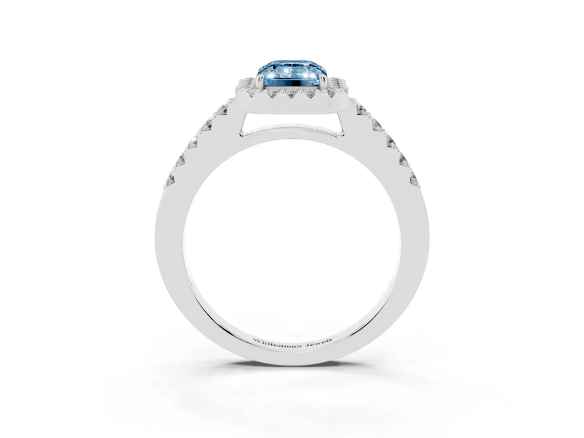 Fancy Blue Emerald Cut Halo Diamond Pavé Solitaire Ring Platinum