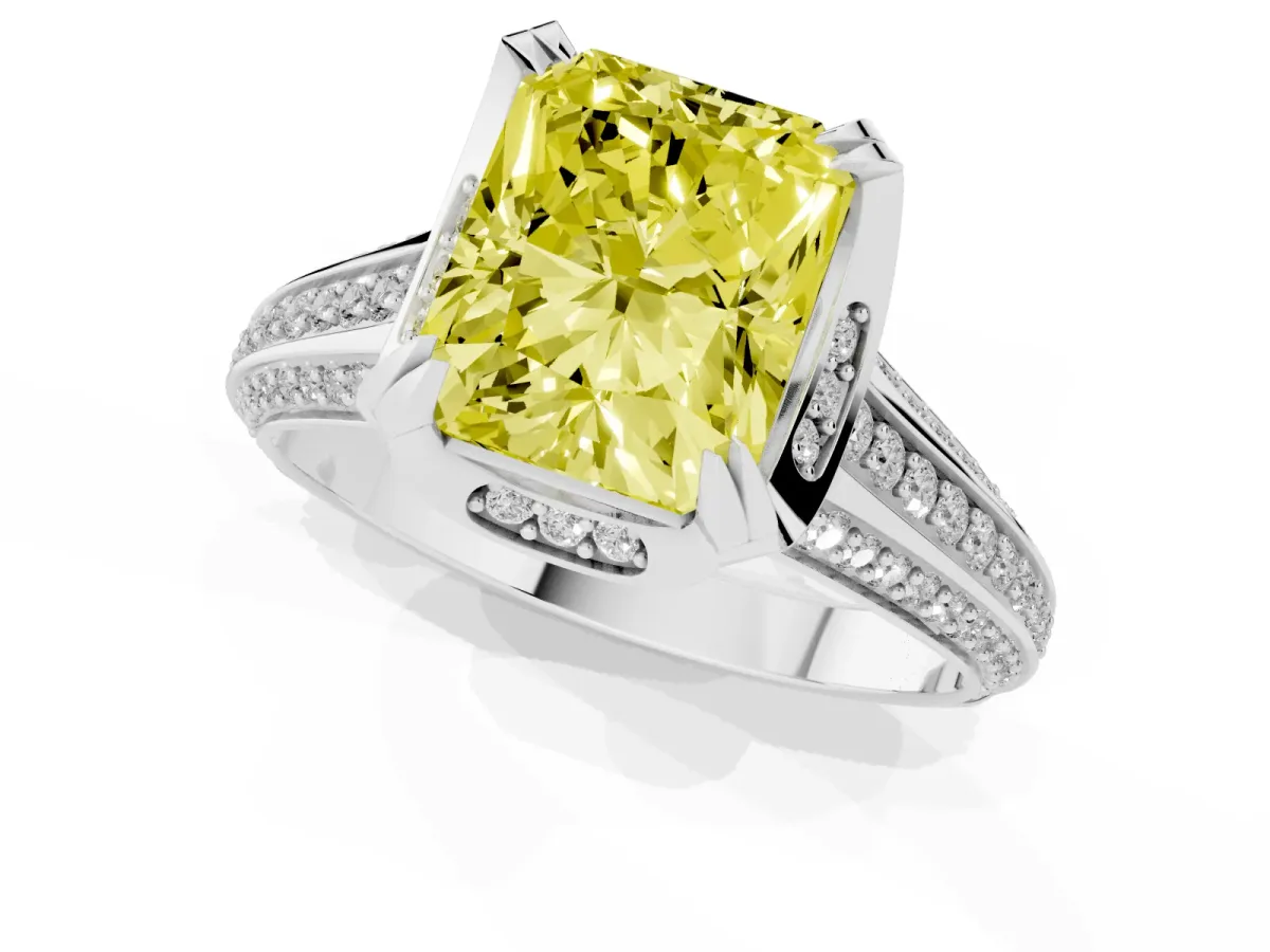 Fancy Yellow Radiant Cut Solitaire Pave Split Shank Ring with Four-Prong Setting Silver
