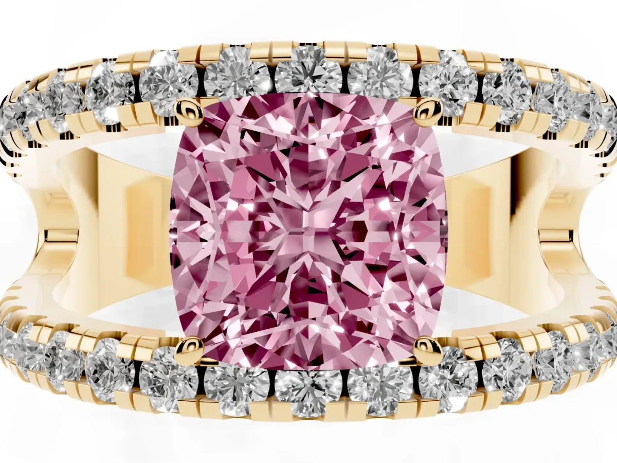 Fancy Pink Cushion Cut Solitaire Split Shank Pave Diamond Ring Yellow gold