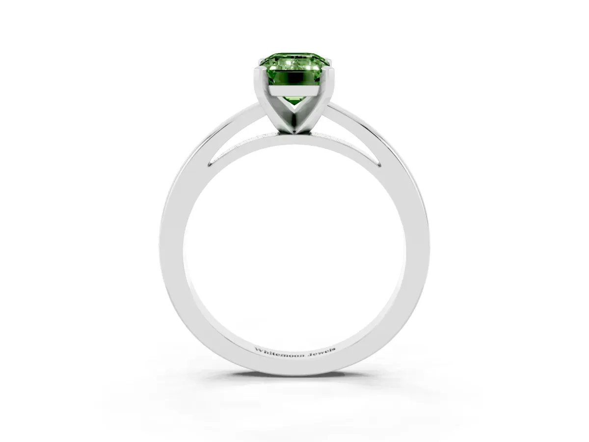 Fancy Green Emerald Cut Solitaire Diamond Engagement Ring with Four-Prong Setting on a Classic Band White gold