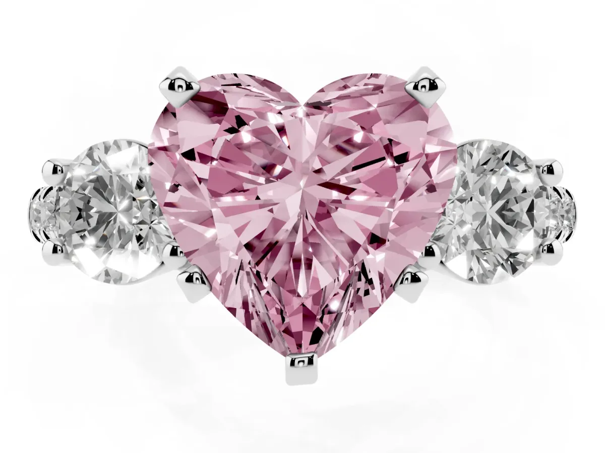 Fancy Pink Three-Stone Heart Cut Diamond Pavé Band with Four-Prong Setting Silver