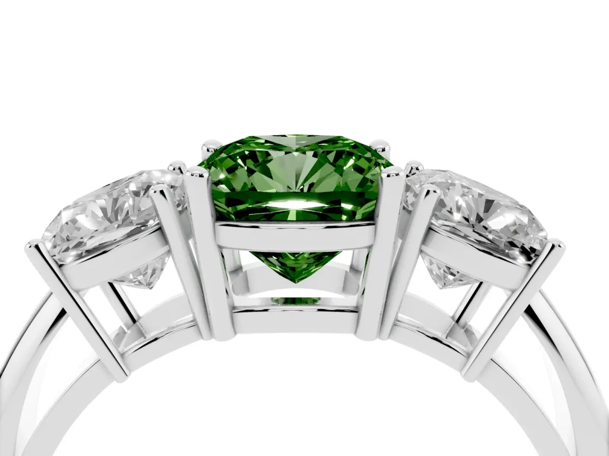 Fancy Green Three-Stone Cushion Cut Cut Diamond Engagement Ring with Prong Setting on a White Gold Band White gold
