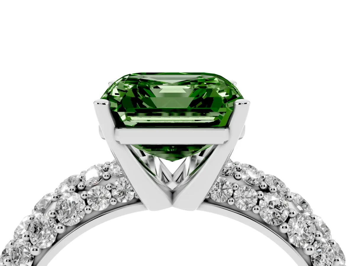 Fancy Green Asscher Cut Diamond Pavé Band Solitaire Ring with Four-Prong Setting Silver