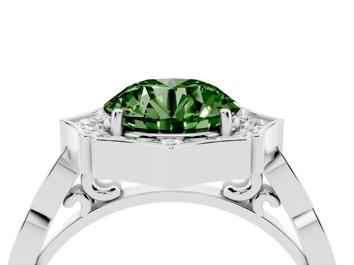 Fancy Green Round Cut Halo Diamond Engagement Ring with Milgrain Band and Four-Prong Setting Silver
