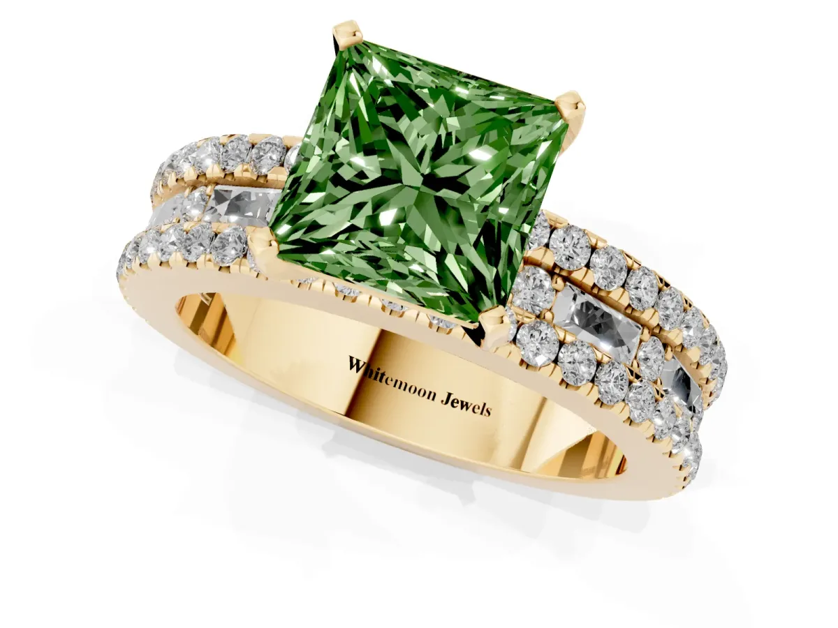 Fancy Green Princess Cut Diamond Solitaire Ring with Pavé and Channel Set Band Yellow gold