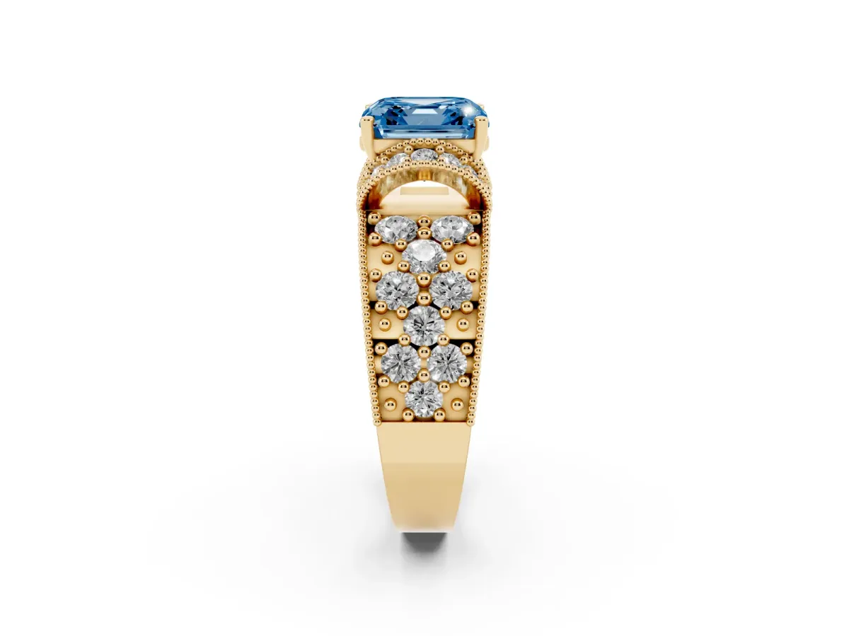 Fancy Blue Asscher Cut Halo Pave Diamond Engagement Ring with Milgrain Detailing Yellow gold