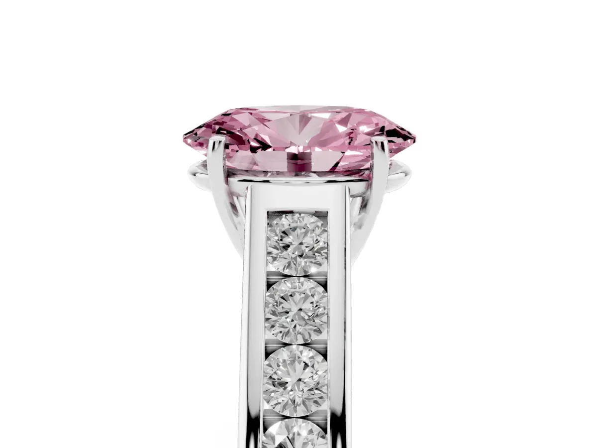 Fancy Pink Oval Cut Brilliant Channel-Set Solitaire Ring with Four-Prong Setting Platinum