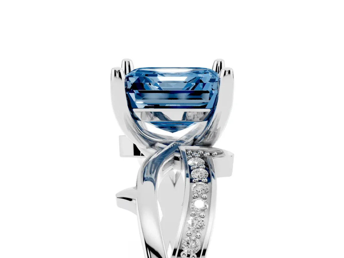 Fancy Blue Asscher Cut Solitaire Twist Band with Pavé Accents and Four-Prong Setting White gold