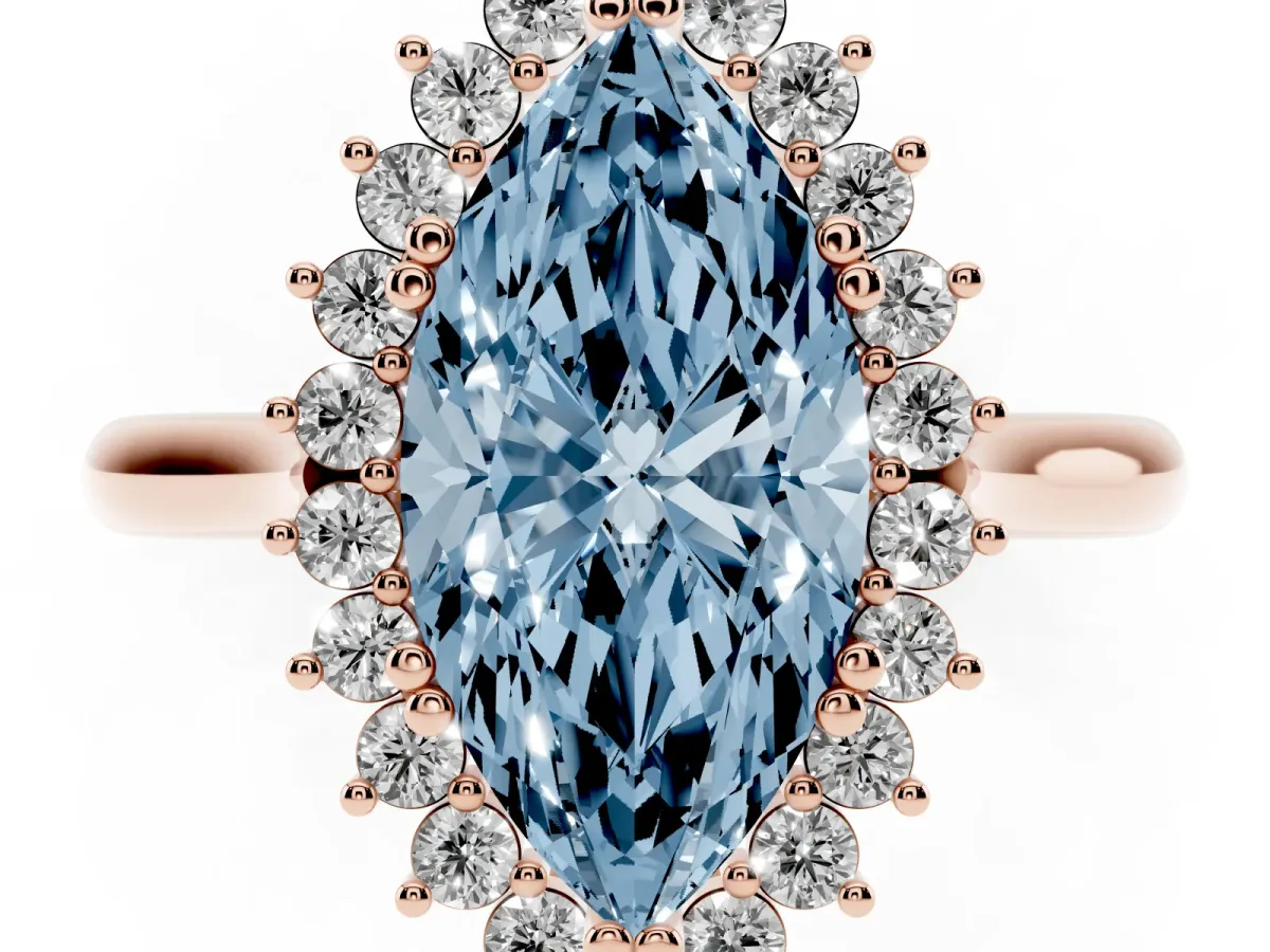 Fancy Blue Marquise Cut Cut Diamond Halo Ring with Solitaire Band and Prong Setting Rose gold