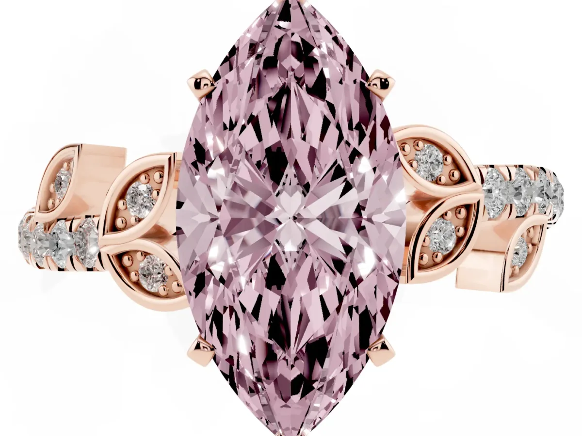 Fancy Pink Marquise Cut Solitaire Leaf-Inspired Diamond Ring with Pavé Band and Four-Prong Setting Rose gold