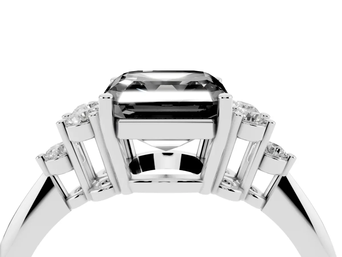 Fancy Black Asscher Cut Cut Diamond Cluster Ring with Solitaire Band and Four-Prong Setting Silver