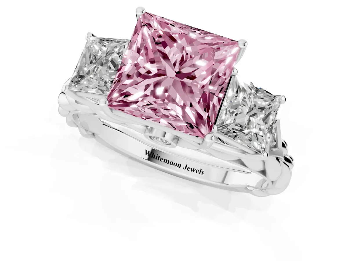 Fancy Pink Three-Stone Princess Cut Diamond Braided Band Ring with Four-Prong Setting Platinum