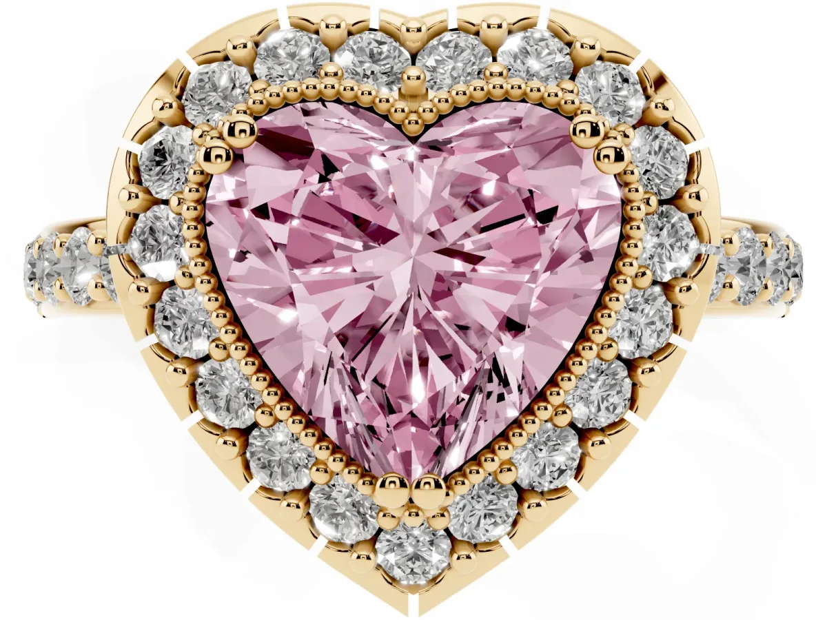 Fancy Pink Heart Cut Diamond Halo Ring with Pavé Band and Prong Setting Yellow gold