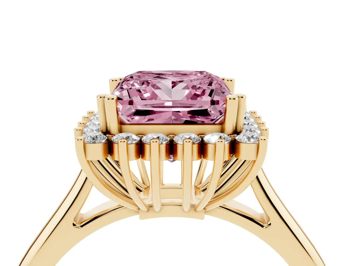 Fancy Pink Princess Cut Cut Diamond Halo Ring with Solitaire Band and Prong Setting Yellow gold