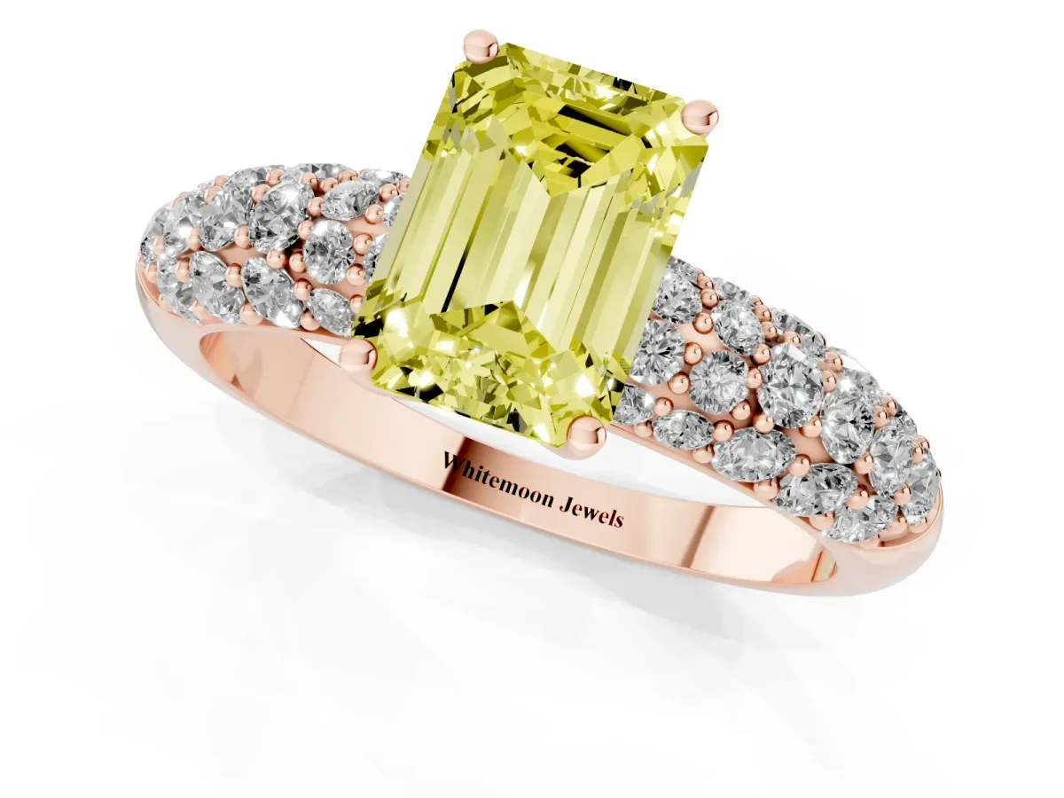 Fancy Yellow Emerald Cut Diamond Pavé Band Solitaire Ring with Four-Prong Setting Rose gold
