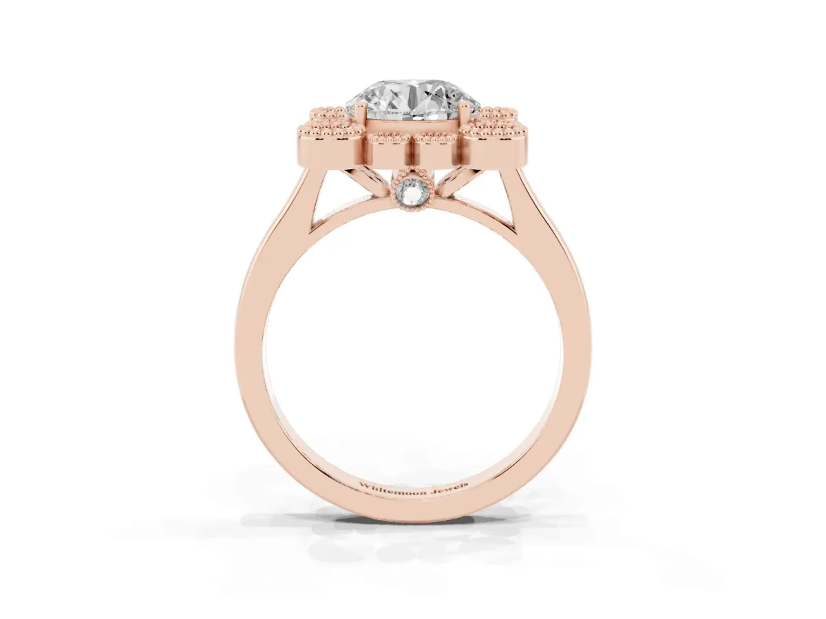 Round Cut Halo Diamond Cluster Engagement Ring with Milgrain Bezel Setting and Solitaire Band Rose gold